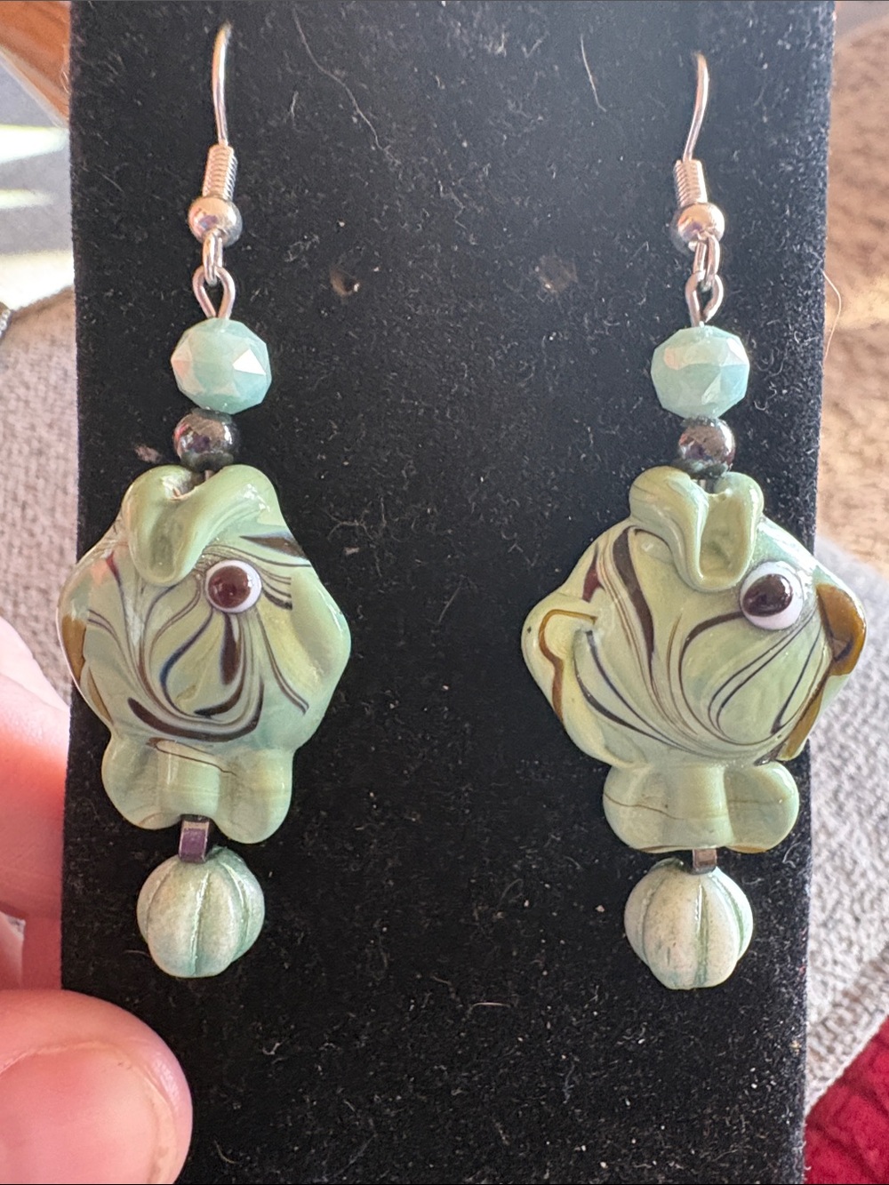 Hand Crafted Mint Green Swirl Glass and Hematite Fish Drop Earrings